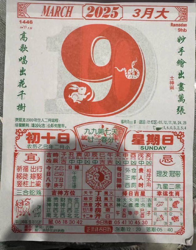 2025年3月9日，二月初十，星期日2025年3月9日，二月初十，星期日
