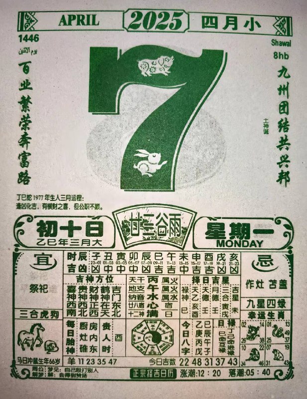 2025年4月7日，三月初十，星期一2025年4月7日，三月初十，星期一