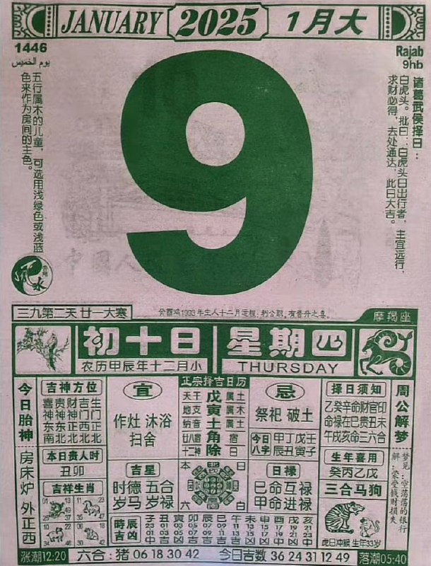 2025年1月9日 农历腊月初十 日历2025年1月9日 农历腊月初十 日历
