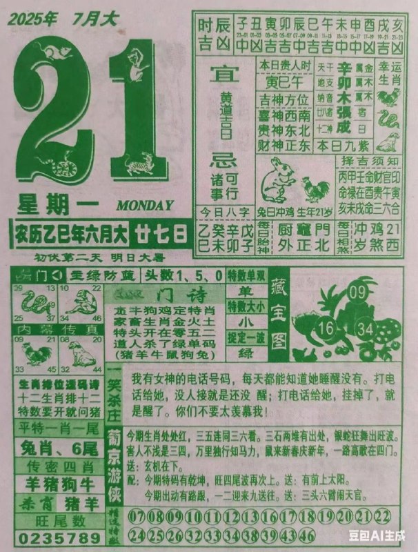 2025年7月21日，六月甘七，星期一2025年7月21日，六月甘七，星期一