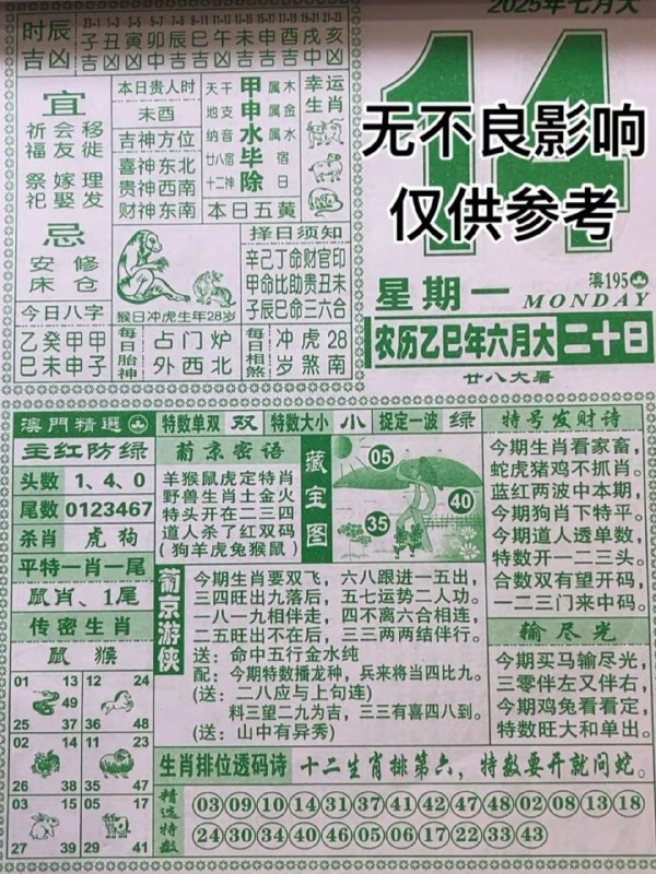 2025年7月14日，六月二十，星期一2025年7月14日，六月二十，星期一